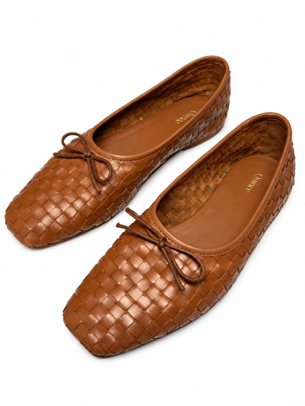 Quince Italian Leather Woven Square Toe Ballet Flats Camel Women 7 Balletcore